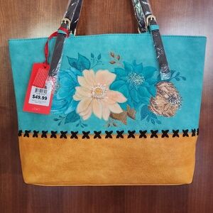 Floral Hand Painted Turquoise and Tan Women's Bag